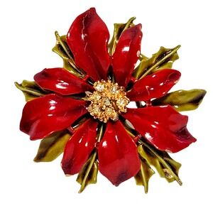 ART Signed Holiday Christmas Poinsettia Flower Enamel Rhinestone Pin Brooch‎